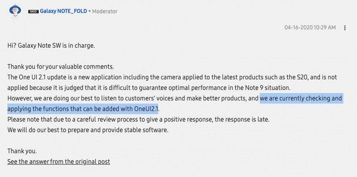 Samsung vẫn sẽ cập nhật giao diện One UI 2.1 cho Galaxy Note9