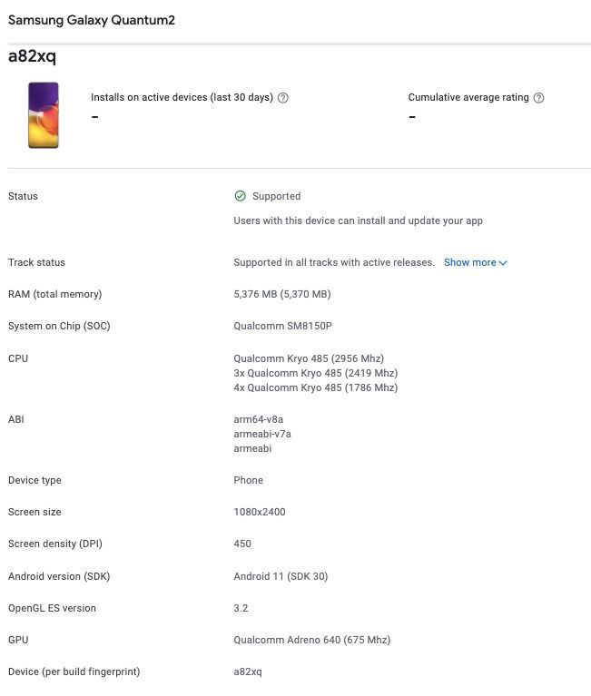 Galaxy A82 xuất hiện trên Google Play Console với RAM 6GB và Snapdragon 855+
